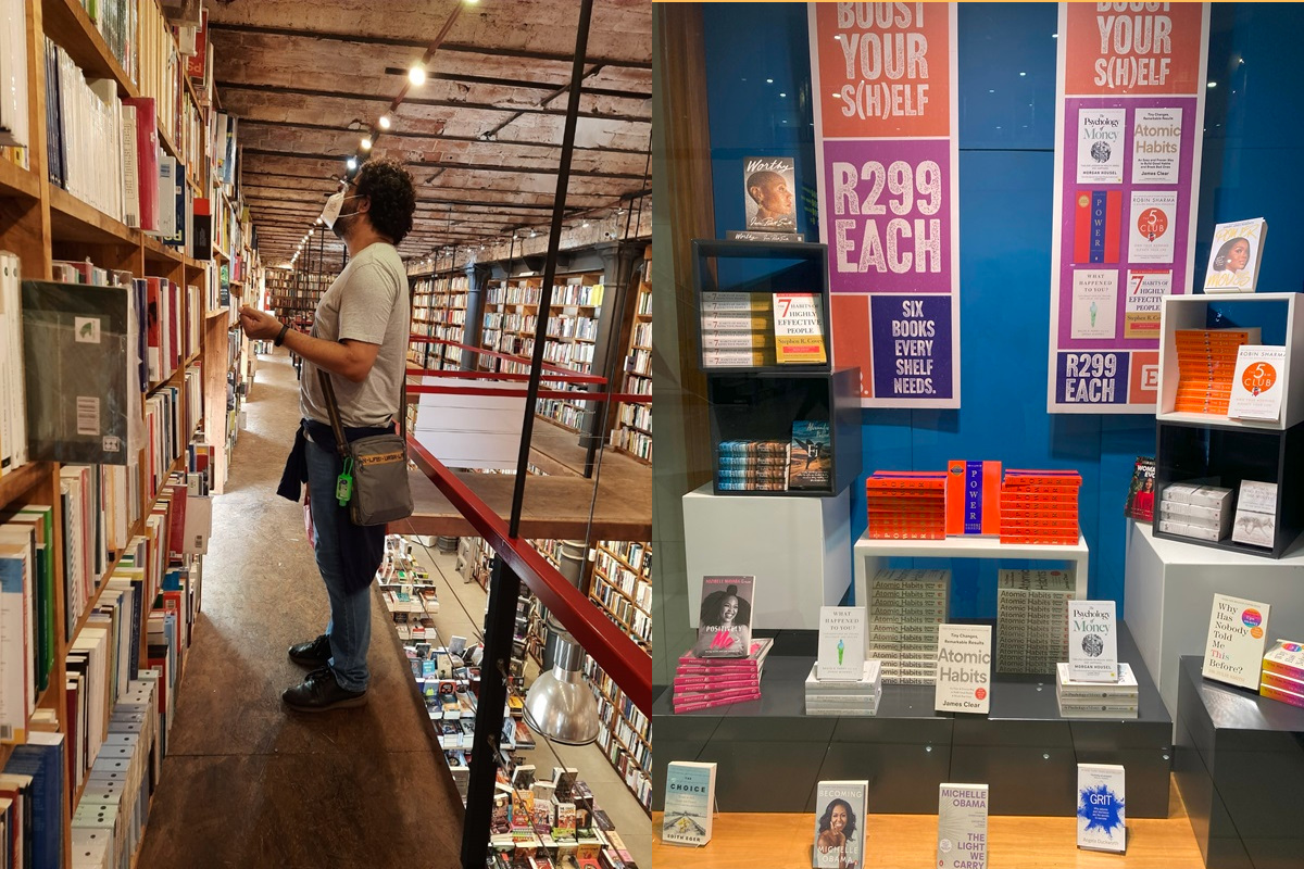 Da esquerda para a direita: a excepcional Puro Verso (Montevidéu, 2022) e um exemplar de sala de embarque, Exclusive Books (Aeroporto da Cidade do Cabo, 2024). Podemos reconhecer os títulos da vitrine pela capa, independente do idioma que falamos.