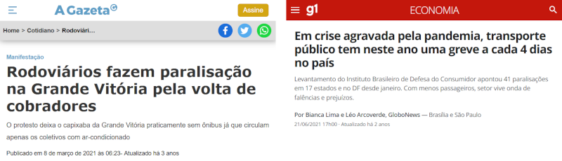 Notícias da pandemia (2021): A crise do setor no G1 e o protesto pelo retorno dos cobradores na Grande Vitória, em A Gazeta.
