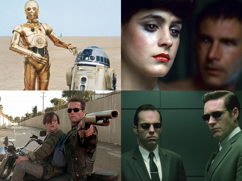 IAs encarnadas no sentido horário: R2D2 e C3PO em Star Wars (1977); replicantes (ou uma replicante e o agente Deckard) em Blade Runner (1982); dois agentes em Matrix Reloaded (2003); o exterminador T-800 com seu protegido em 'O Julgamento Final' (1992).